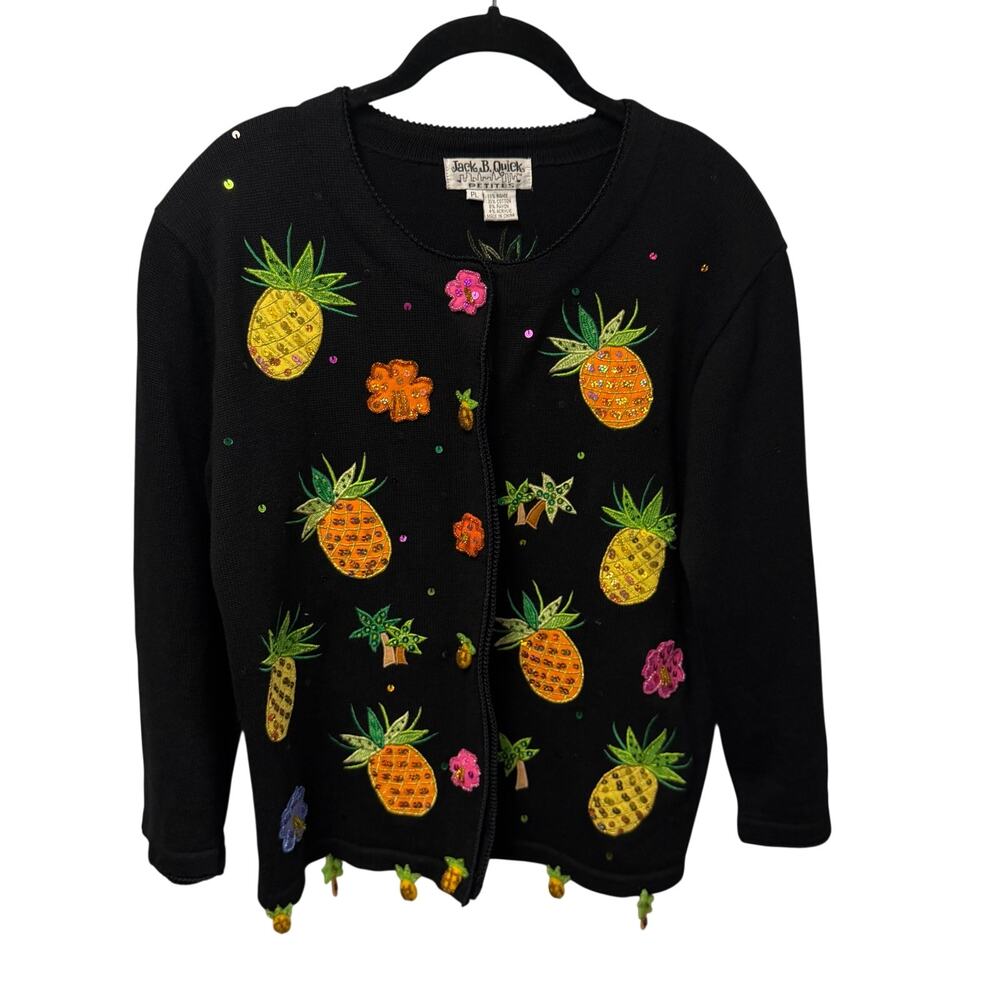 Vintage Jack B Quick Cardigan Sweater Pineapple Sequin Embellished Petite Large